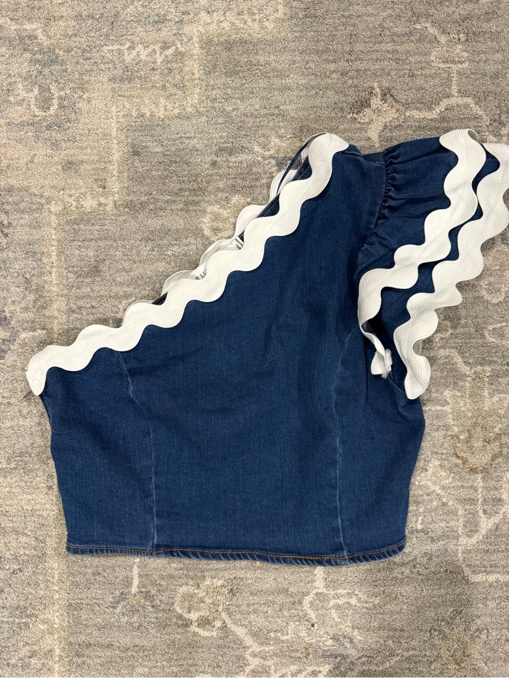 One-Shoulder Denim Crop Top with White Trim